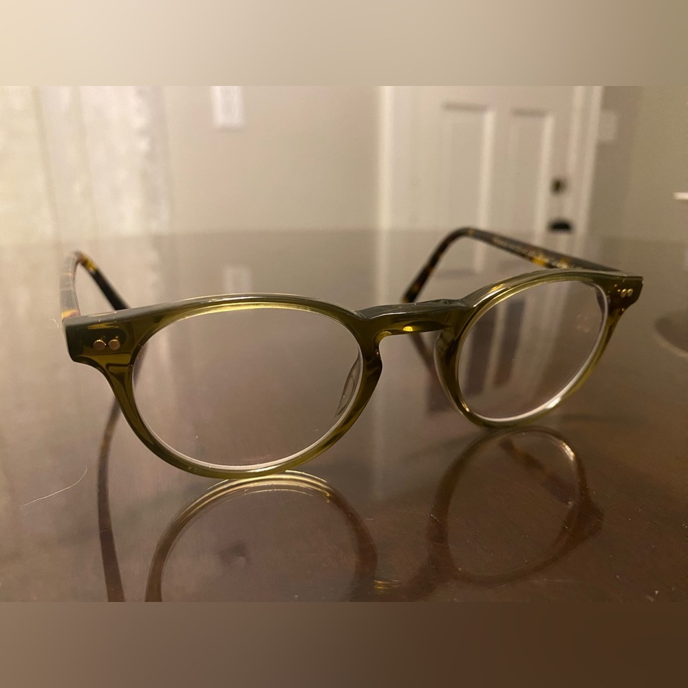 Moscot Frankie eyeglasses, olive front with tortoise temples.